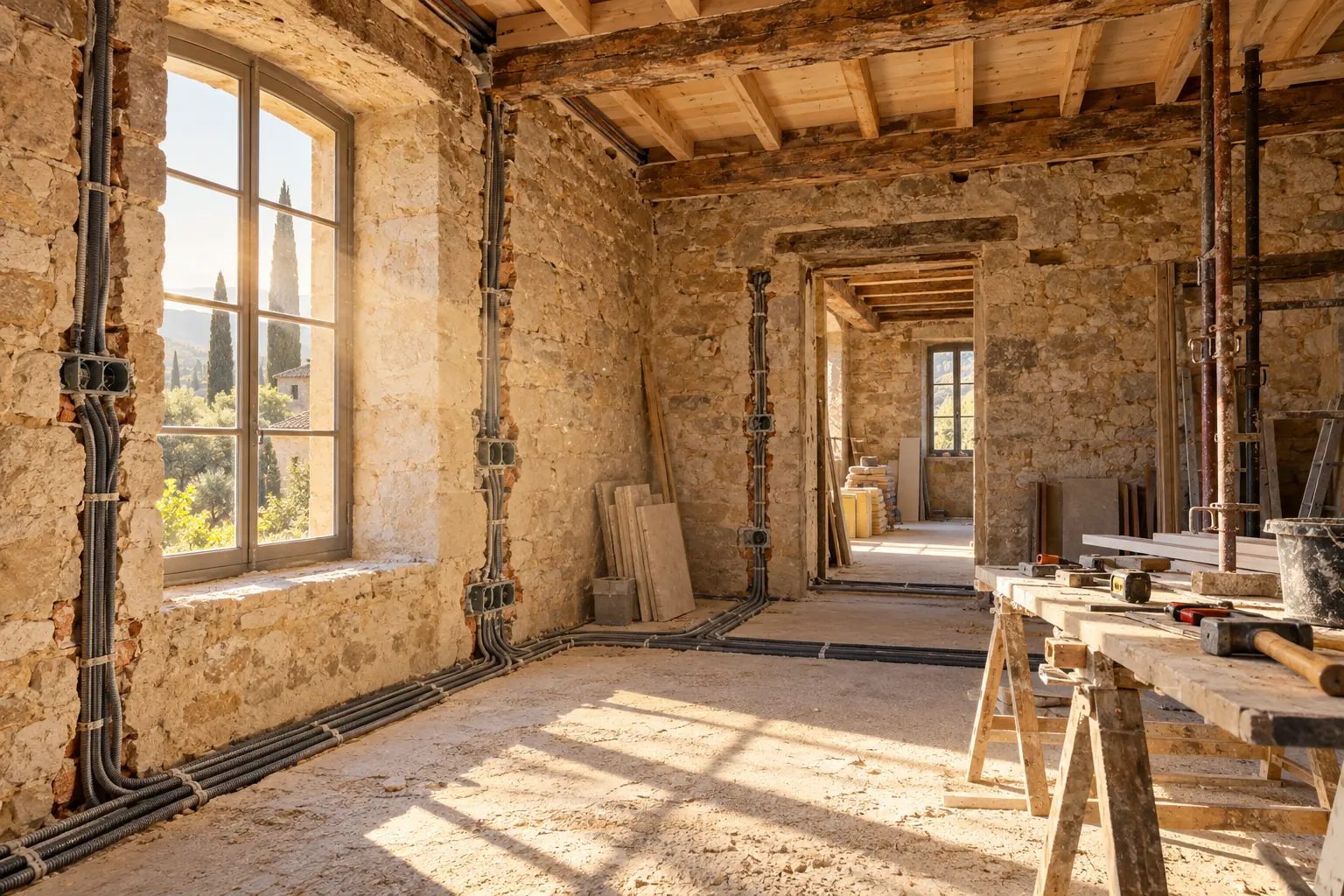 Intérieur d'un mas en pierre en rénovation, gaines électriques posées dans les saignées des murs, lumière dorée