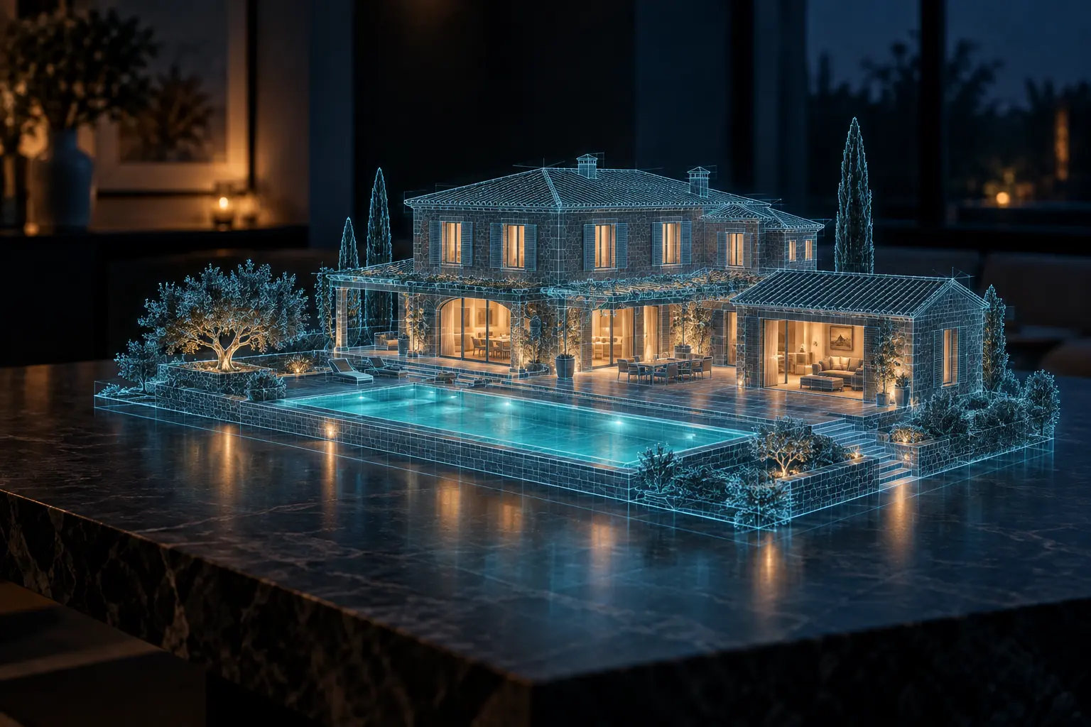 Maquette 3D lumineuse d'une villa provençale flottant au-dessus d'une table en pierre, pièces éclairées en ambre et piscine turquoise