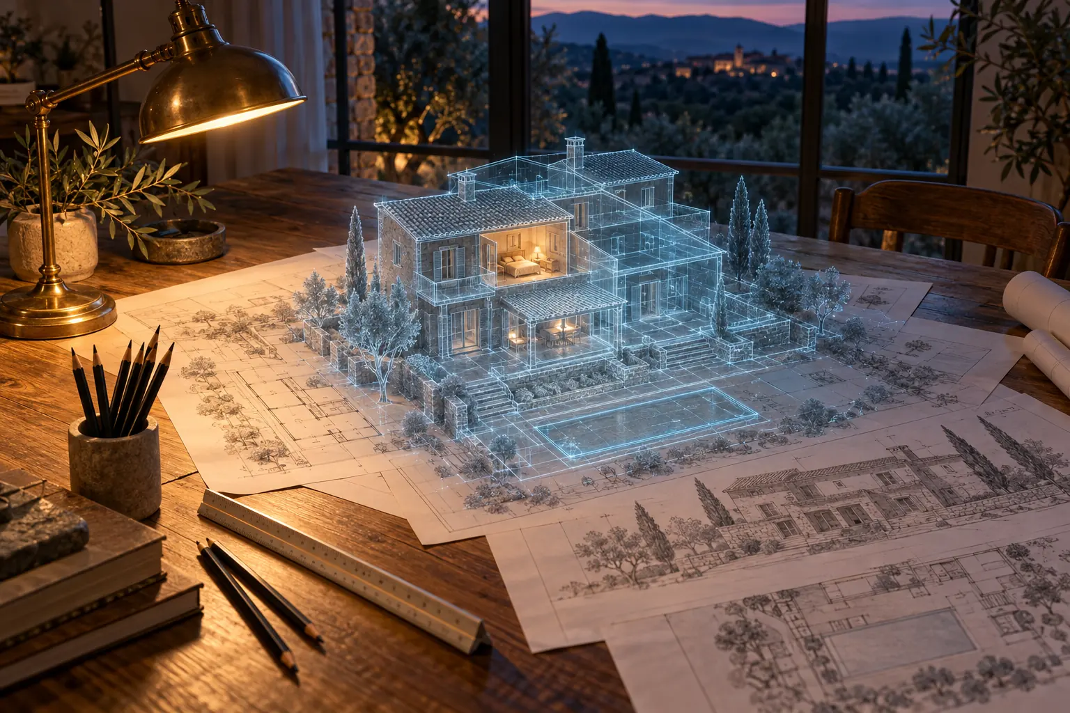 Plans d'architecte sur une table en chêne, d'où s'élève une maquette 3D lumineuse de la maison