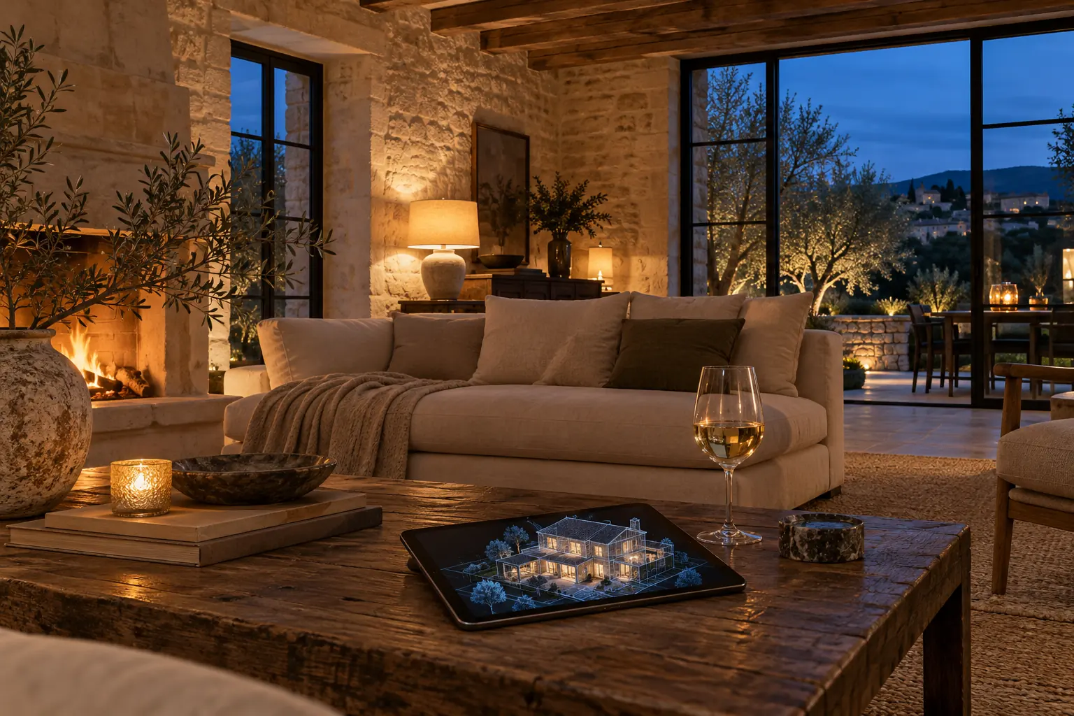 Une tablette sur une table basse d'un salon en pierre, affichant la maquette 3D lumineuse de la maison