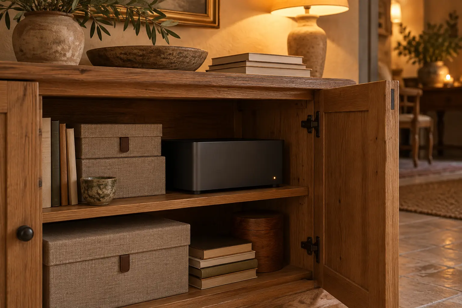 Un petit serveur sombre au voyant ambre, rangé dans un meuble en chêne d'une maison provençale