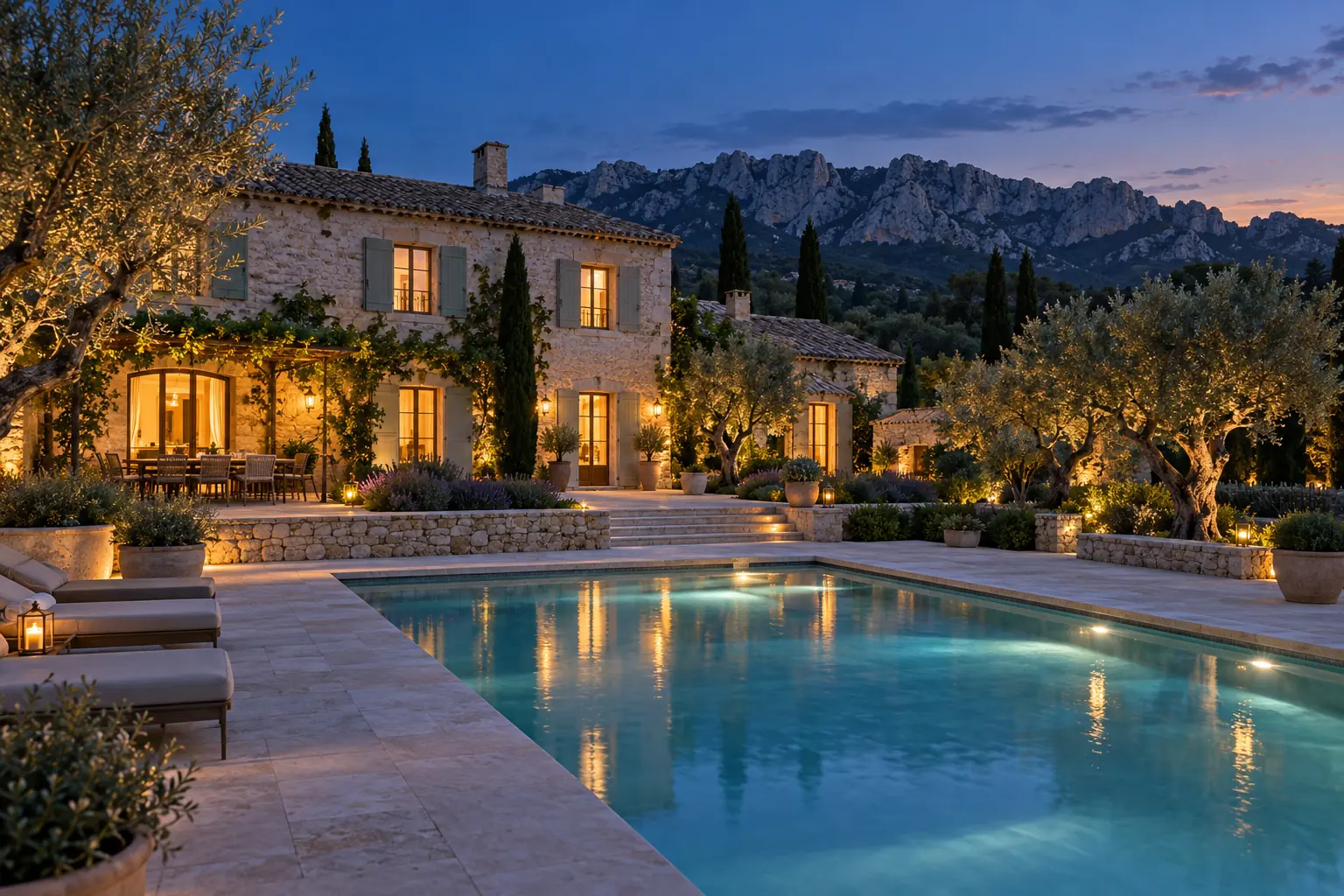 Un mas en pierre à l'heure bleue, fenêtres éclairées et piscine illuminée, devant la crête des Alpilles